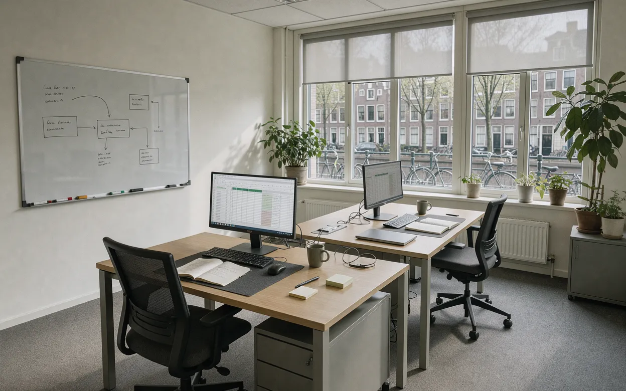 Kantoor met twee bureaus, een whiteboard en uitzicht op een gracht