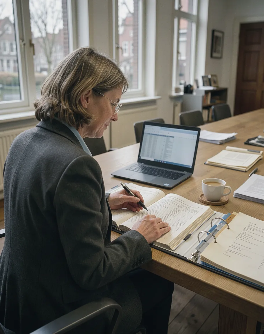 Curator aan een vergadertafel leest een grootboek, met laptop en dossiers