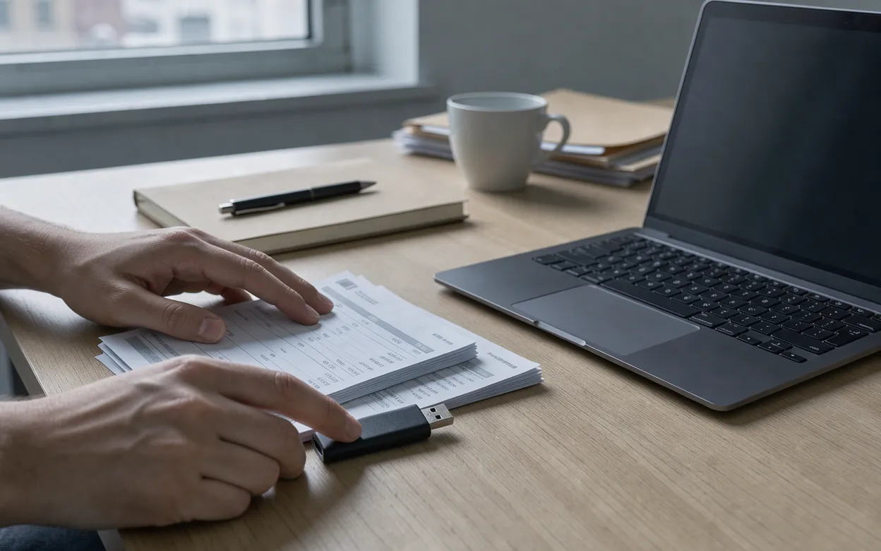 Handen leggen bankafschriften en een USB-stick naast een laptop