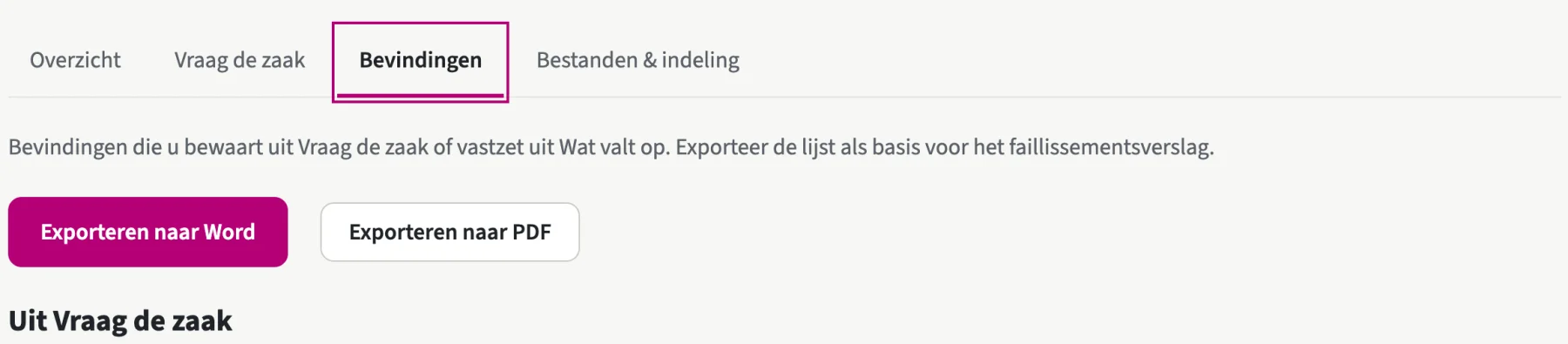 De knoppen Exporteren naar Word en Exporteren naar PDF boven de bevindingenlijst